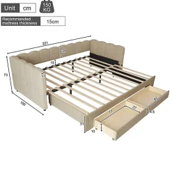 Canapé-lit capitonné 90x200cm - lit gigogne - 2 tiroirs - port USB - tissu chenille - beige (matelas non inclus)