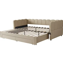 Canapé-lit capitonné 90x200cm - lit gigogne - 2 tiroirs - port USB - tissu chenille - beige (matelas non inclus)