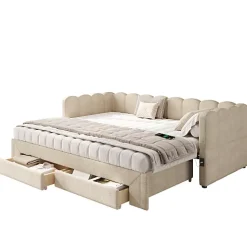 Canapé-lit capitonné 90x200cm - lit gigogne - 2 tiroirs - port USB - tissu chenille - beige (matelas non inclus)