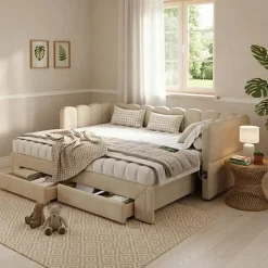 Canapé-lit capitonné 90x200cm - lit gigogne - 2 tiroirs - port USB - tissu chenille - beige (matelas non inclus)