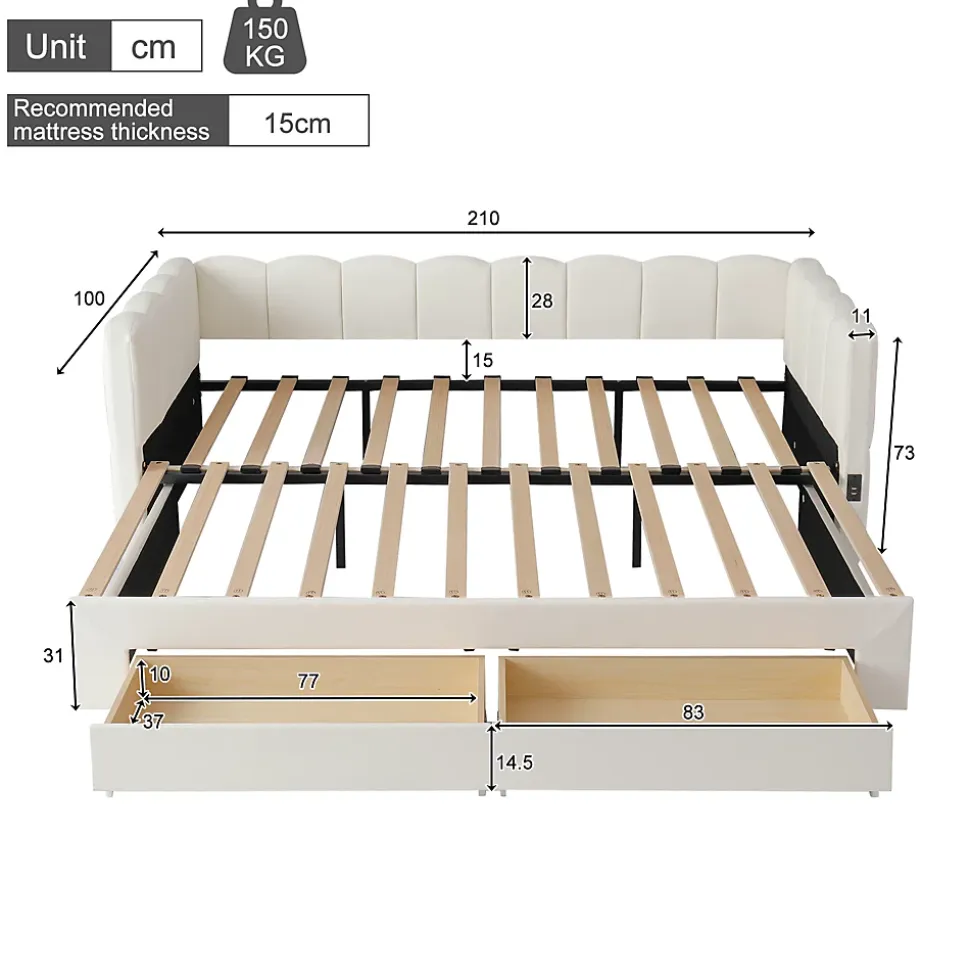 Canapé-lit capitonné 90x190cm - lit gigogne - 2 tiroirs - port USB - tissu chenille - beige (matelas non inclus)