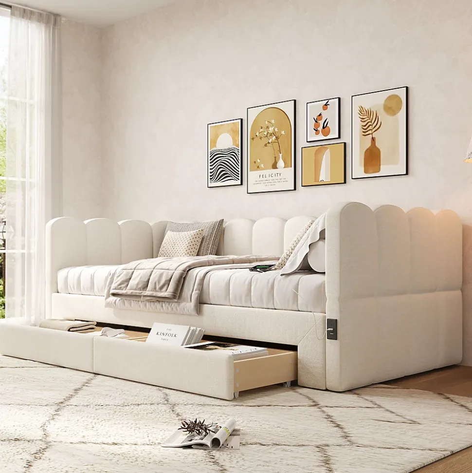 Canapé-lit capitonné 90x190cm - lit gigogne - 2 tiroirs - port USB - tissu chenille - beige (matelas non inclus)