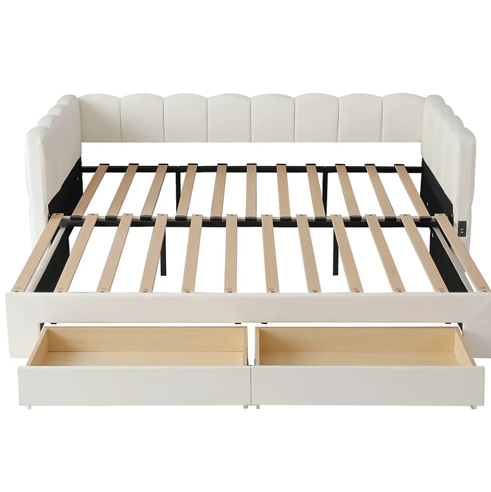 Canapé-lit capitonné 90x190cm - lit gigogne - 2 tiroirs - port USB - tissu chenille - beige (matelas non inclus)