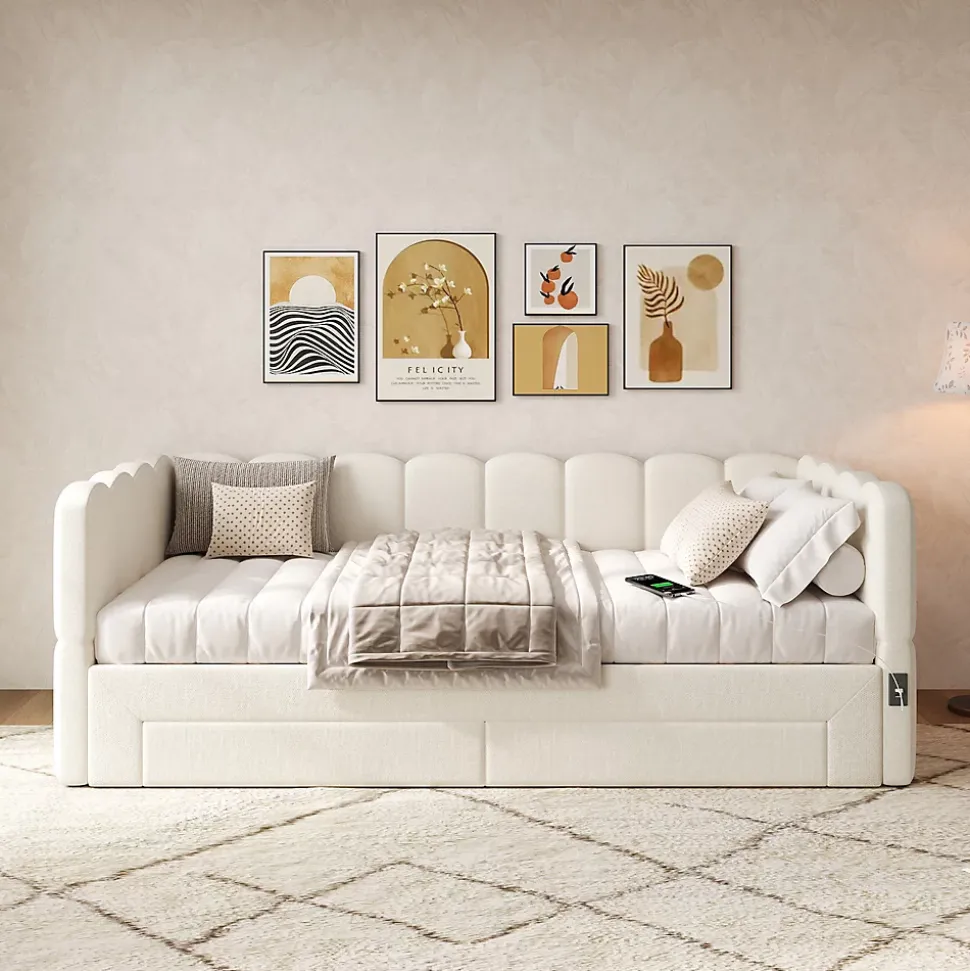 Canapé-lit capitonné 90x190cm - lit gigogne - 2 tiroirs - port USB - tissu chenille - beige (matelas non inclus)