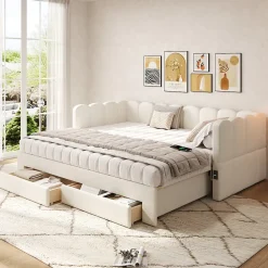 Canapé-lit capitonné 90x190cm - lit gigogne - 2 tiroirs - port USB - tissu chenille - beige (matelas non inclus)