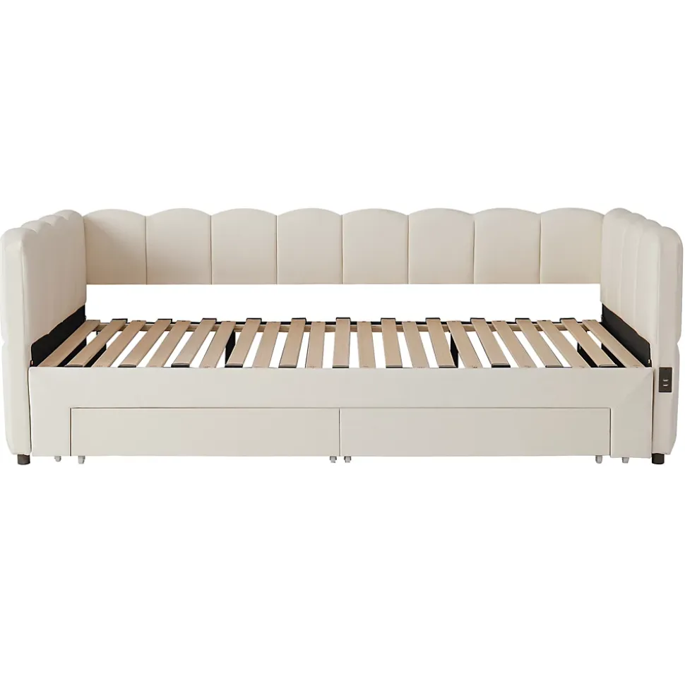Canapé-lit capitonné 90x190cm - lit gigogne - 2 tiroirs - port USB - tissu chenille - beige (matelas non inclus)