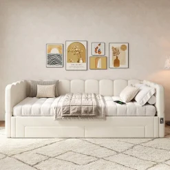 Canapé-lit capitonné 90x200cm - lit gigogne - 2 tiroirs - port USB - tissu chenille - beige (matelas non inclus)