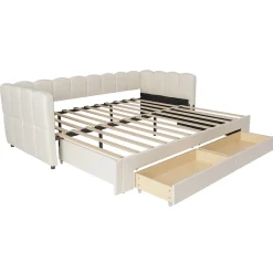 Canapé-lit capitonné 90x200cm - lit gigogne - 2 tiroirs - port USB - tissu chenille - beige (matelas non inclus)