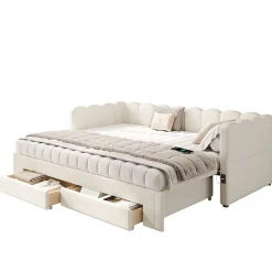 Canapé-lit capitonné 90x200cm - lit gigogne - 2 tiroirs - port USB - tissu chenille - beige (matelas non inclus)
