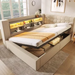 Canapé-lit coffre 140x190cm - avec LED et port de chargement - avec sommier à lattes - tissu de lin - beige (sans matelas)