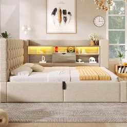 Canapé-lit coffre 140x190cm - avec LED et port de chargement - avec sommier à lattes - tissu de lin - beige (sans matelas)