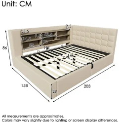 Canapé-lit coffre 140x190cm - avec LED et port de chargement - avec sommier à lattes - tissu de lin - beige (sans matelas)