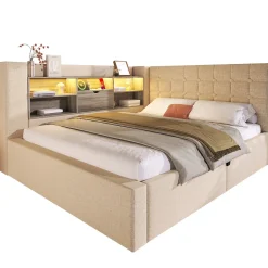 Canapé-lit coffre 140x190cm - avec LED et port de chargement - avec sommier à lattes - tissu de lin - beige (sans matelas)