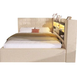 Canapé-lit coffre 140x190cm - avec LED et port de chargement - avec sommier à lattes - tissu de lin - beige (sans matelas)