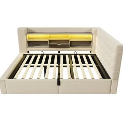 Canapé-lit coffre 140x190cm - avec LED et port de chargement - avec sommier à lattes - tissu de lin - beige (sans matelas)