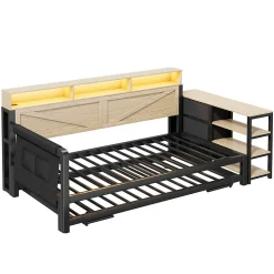 Canapé-lit en métal 90x200cm - Avec lit gigogne - 3 tiroirs et 3 étagères - LED et port USB - Noir (sans matelas)