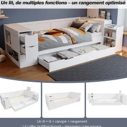 Canapé-lit enfant 90x190 cm - Avec tiroirs, étagères et espace de rangement - MDF - Blanc (sans matelas)