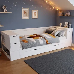 Canapé-lit enfant 90x190 cm - Avec tiroirs, étagères et espace de rangement - MDF - Blanc (sans matelas)