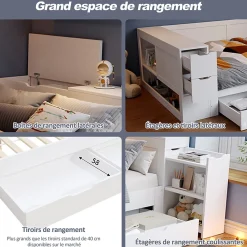 Canapé-lit enfant 90x190 cm - Avec tiroirs, étagères et espace de rangement - MDF - Blanc (sans matelas)