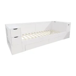 Canapé-lit enfant 90x190 cm - Avec tiroirs, étagères et espace de rangement - MDF - Blanc (sans matelas)