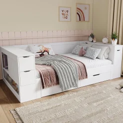Canapé-lit enfant 140x190 cm - Avec tiroirs, étagères et espace de rangement - MDF - Blanc (sans matelas)