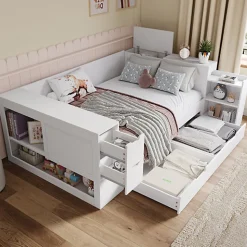 Canapé-lit enfant 140x190 cm - Avec tiroirs, étagères et espace de rangement - MDF - Blanc (sans matelas)