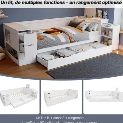 Canapé-lit enfant 140x190 cm - Avec tiroirs, étagères et espace de rangement - MDF - Blanc (sans matelas)