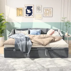 Canapé-lit, extensible, 140x 200 cm, avec sommier à lattes, tissu en velours, canapé-lit, sans matelas, gris foncé