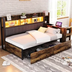 Canapé-lit fer 90x200 cm, rangement, LED, tiroirs, bureau coulissant - couleur bois