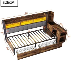 Canapé-lit fer 90x200 cm, rangement, LED, tiroirs, bureau coulissant - couleur bois