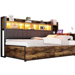 Canapé-lit fer 90x200 cm, rangement, LED, tiroirs, bureau coulissant - couleur bois