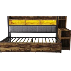 Canapé-lit fer 90x200 cm, rangement, LED, tiroirs, bureau coulissant - couleur bois