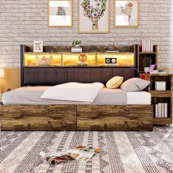 Canapé-lit fer 90x200 cm, rangement, LED, tiroirs, bureau coulissant - couleur bois