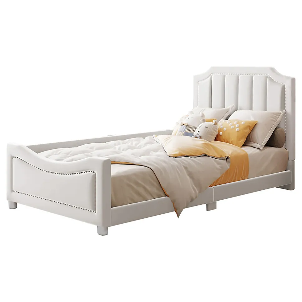 Canapé-lit rembourré 90 sur 200 cm lit modulable flanelle avec dossier et accoudoirs pour adultes ou invités beige