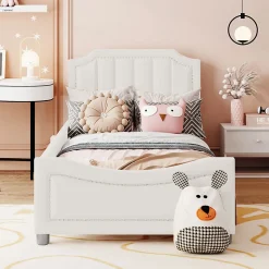 Canapé-lit rembourré 90 sur 200 cm lit modulable flanelle avec dossier et accoudoirs pour adultes ou invités beige