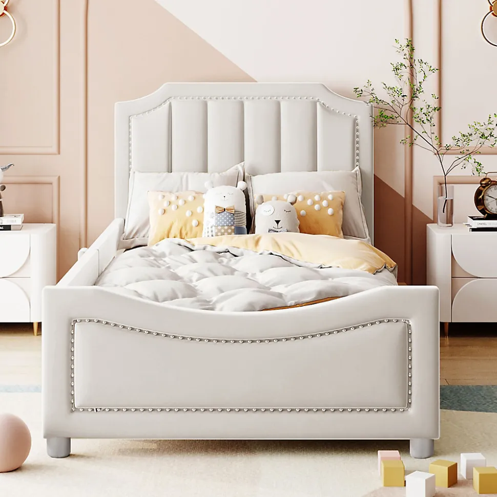 Canapé-lit rembourré 90 sur 200 cm lit modulable flanelle avec dossier et accoudoirs pour adultes ou invités beige