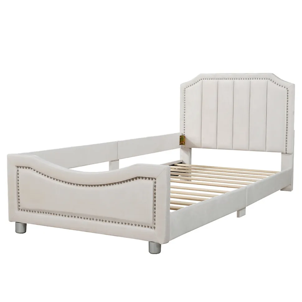 Canapé-lit rembourré 90 sur 200 cm lit modulable flanelle avec dossier et accoudoirs pour adultes ou invités beige
