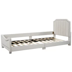 Canapé-lit rembourré 90 sur 200 cm lit modulable flanelle avec dossier et accoudoirs pour adultes ou invités beige
