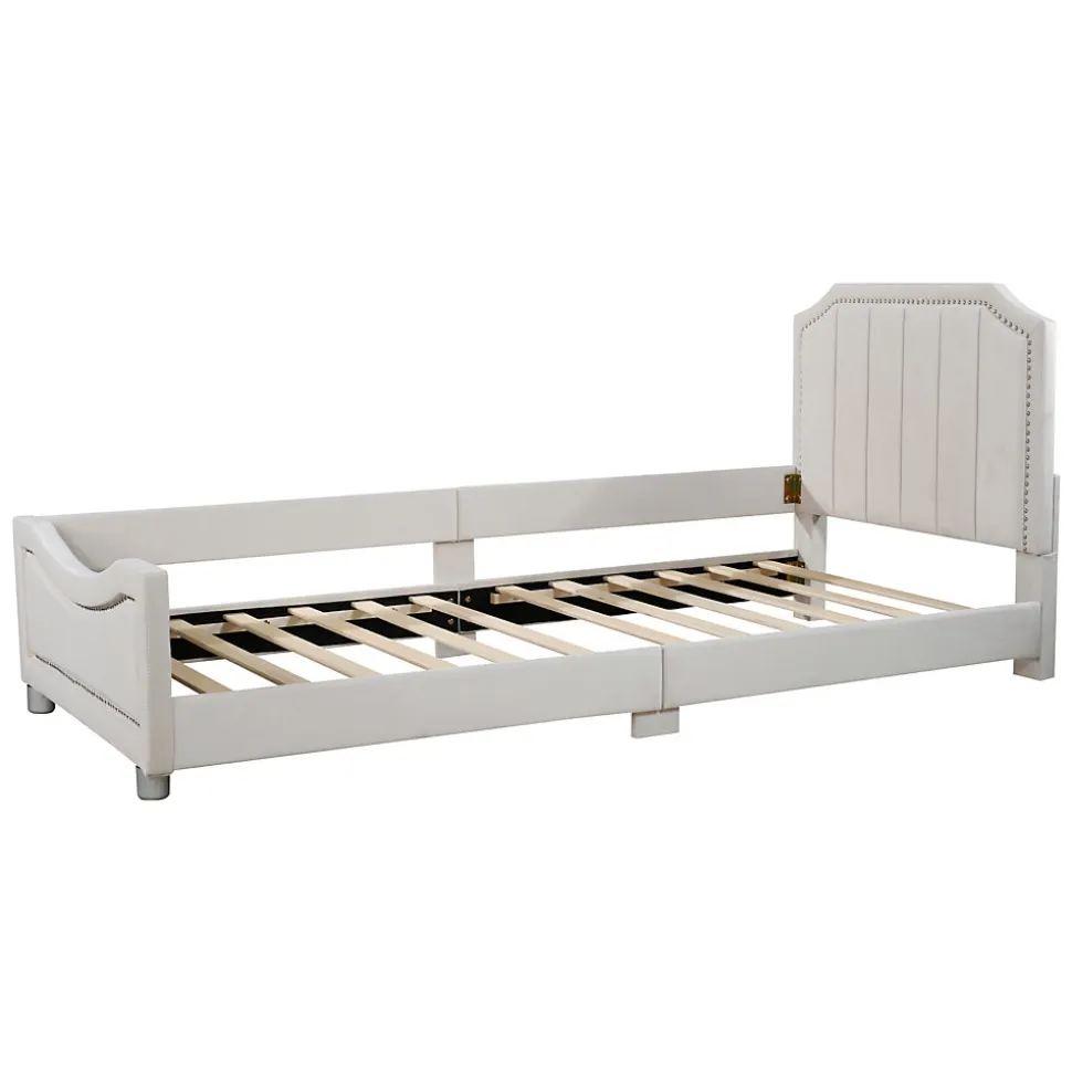 Canapé-lit rembourré 90 sur 200 cm lit modulable flanelle avec dossier et accoudoirs pour adultes ou invités beige
