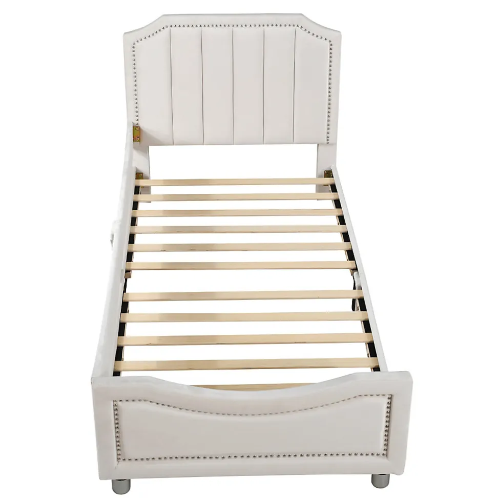 Canapé-lit rembourré 90 sur 200 cm lit modulable flanelle avec dossier et accoudoirs pour adultes ou invités beige