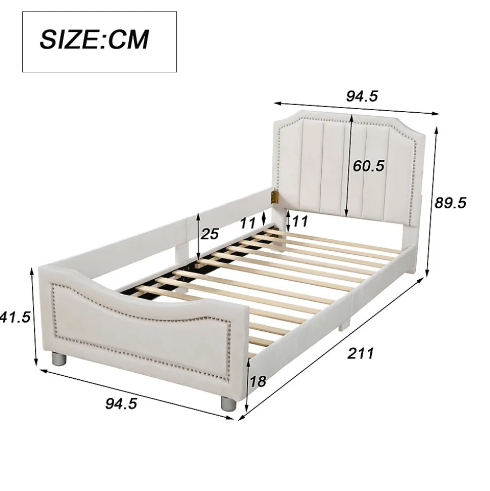 Canapé-lit rembourré 90 sur 200 cm lit modulable flanelle avec dossier et accoudoirs pour adultes ou invités beige