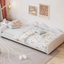 Canapé-lit rembourré 90 sur 200 cm lit multifonction avec dossier et accoudoirs tissu Teddy blanc pour adultes ou invités