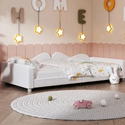 Canapé-lit rembourré 90 sur 200 cm lit multifonction avec dossier et accoudoirs tissu Teddy blanc pour adultes ou invités