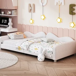 Canapé-lit rembourré 90 sur 200 cm lit multifonction avec dossier et accoudoirs tissu Teddy blanc pour adultes ou invités