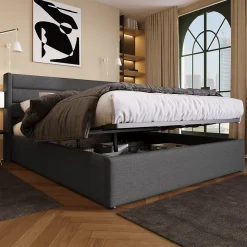 Canapé-lit 180x200 cm avec coffre de rangement hydraulique en tissu lin gris et tête de lit capitonnée