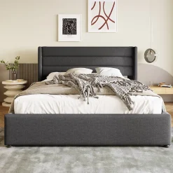 Canapé-lit 180x200 cm avec coffre de rangement hydraulique en tissu lin gris et tête de lit capitonnée