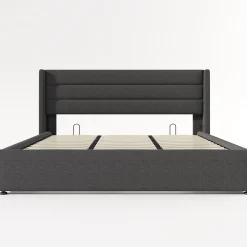 Canapé-lit 180x200 cm avec coffre de rangement hydraulique en tissu lin gris et tête de lit capitonnée