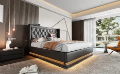 Canapé-lit 160x200 cm avec coffre de rangement hydraulique, LED 3 côtés et tête de lit en PU noir