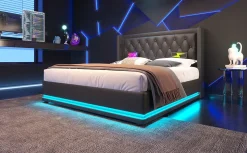 Canapé-lit 160x200 cm avec coffre de rangement hydraulique, LED 3 côtés et tête de lit en PU noir