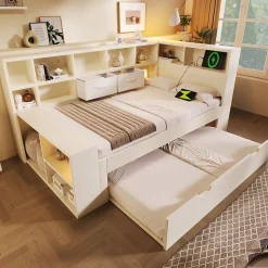 Canapé-lit 90x190 cm avec lit gigogne - USB/Type-C - rangement - bois massif + panneaux - blanc (sans matelas)